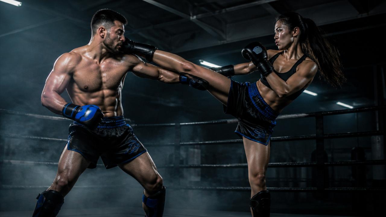 Man and woman Muay Thai fighters training together at Striker Lab