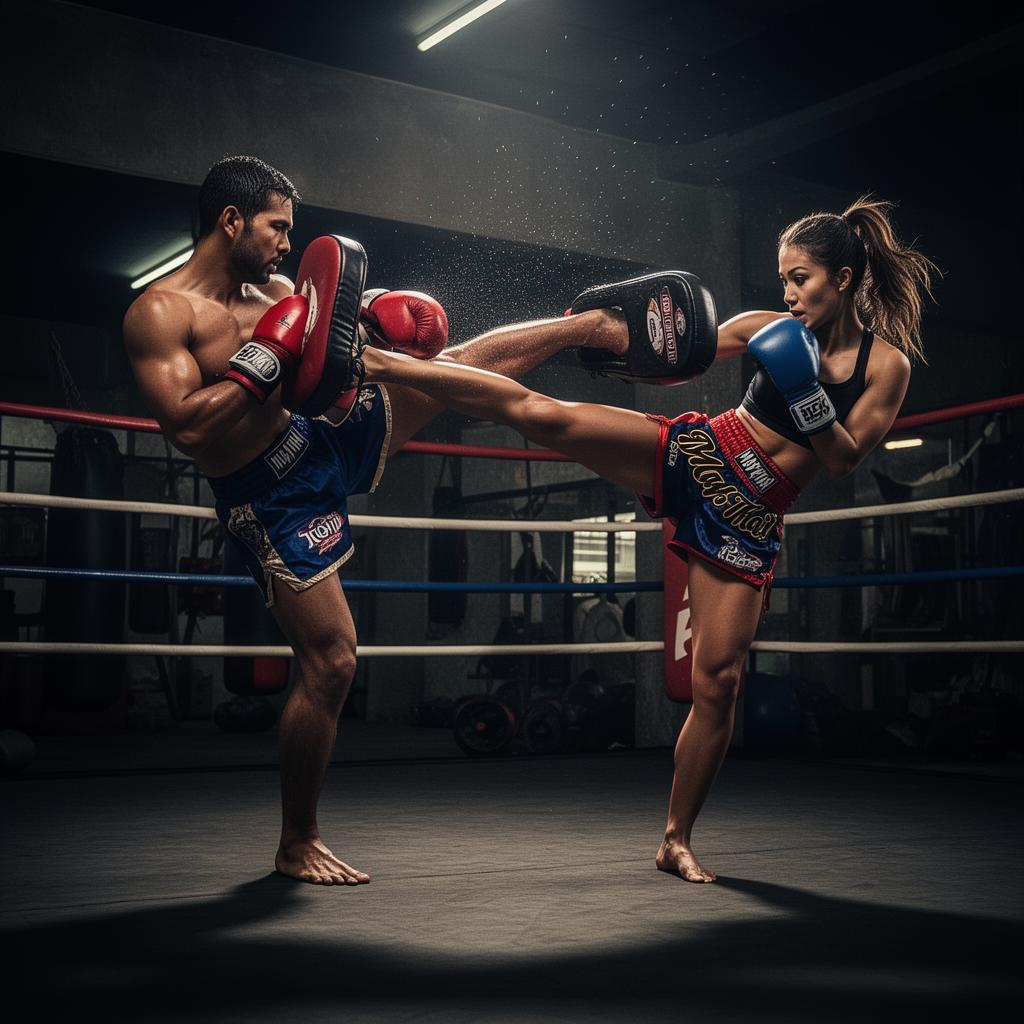 Man and woman training real Muay Thai